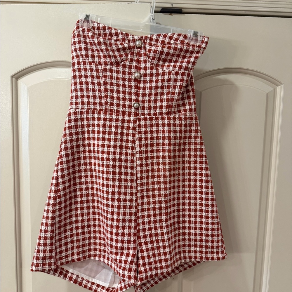 Red and White Checkered Strapless Romper